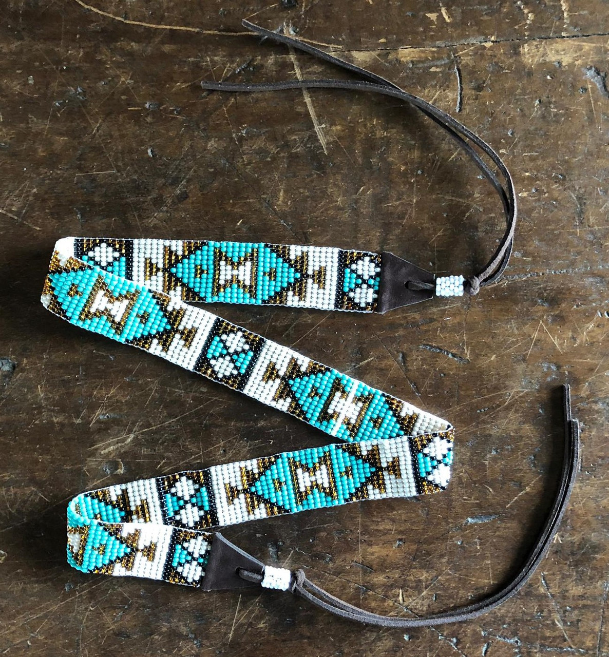Hat Band, Hatband, Cowboy, Western, Leather, Beaded,  Aztec Designs, Handmade in Guatemala 7/8" X 21.5"