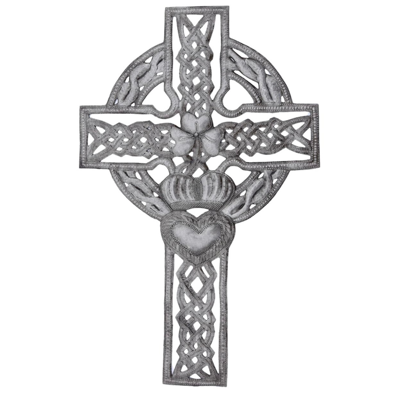 Handcrafted Haitian Metal Art, Celtic Cross with Claddagh, Heart, Crown & Ring, Religious Sculpture Handcrafted Haitian Metal Art, Celtic Cross with Claddagh, Heart, Crown & Ring, Religious Sculpture