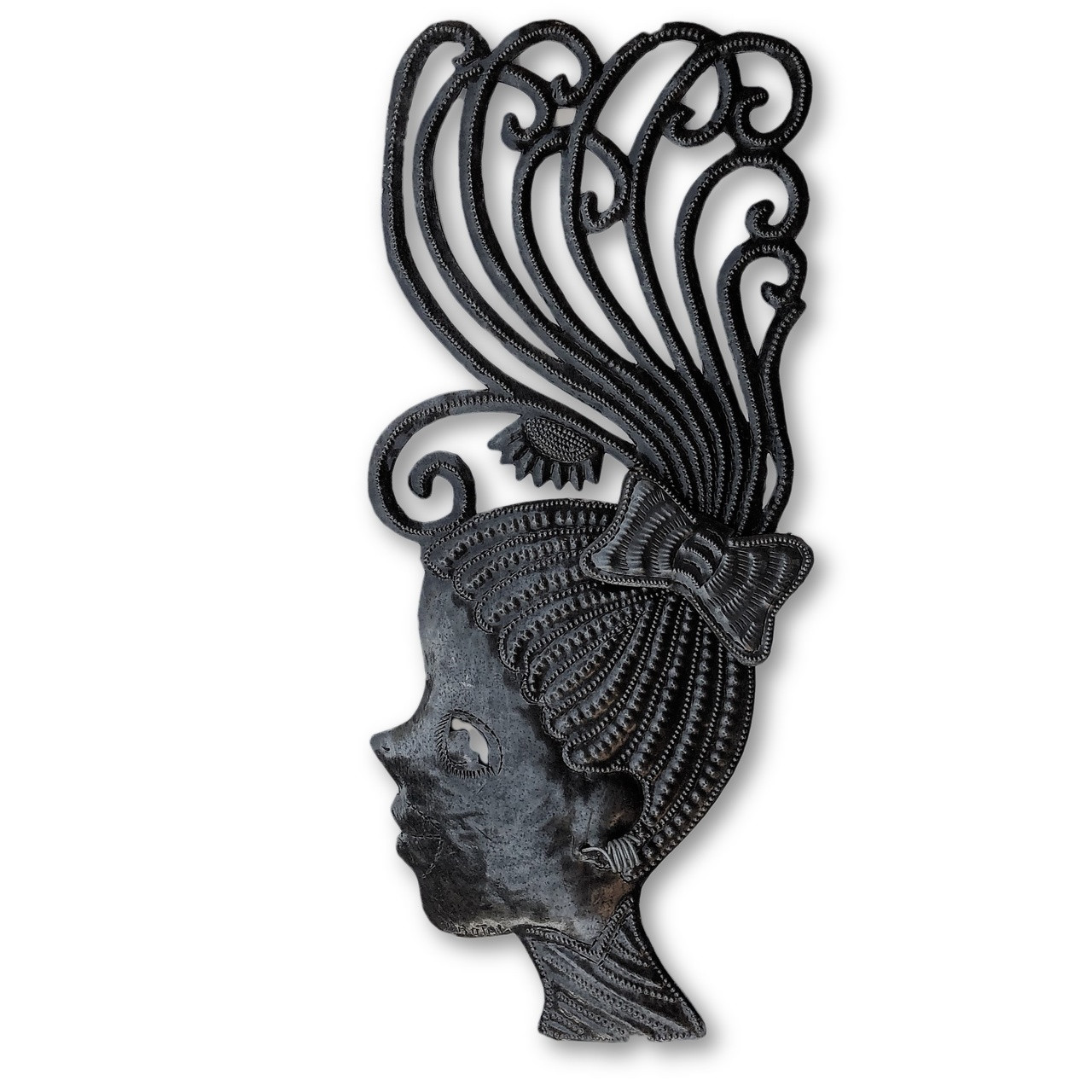 Metal Masks, Silhouette Girls, Decorative Wall Hanging, Collectible Mask Sculptures, Eclectic, Original, Unique Steel Metal Masks from Haiti  7" x 17"