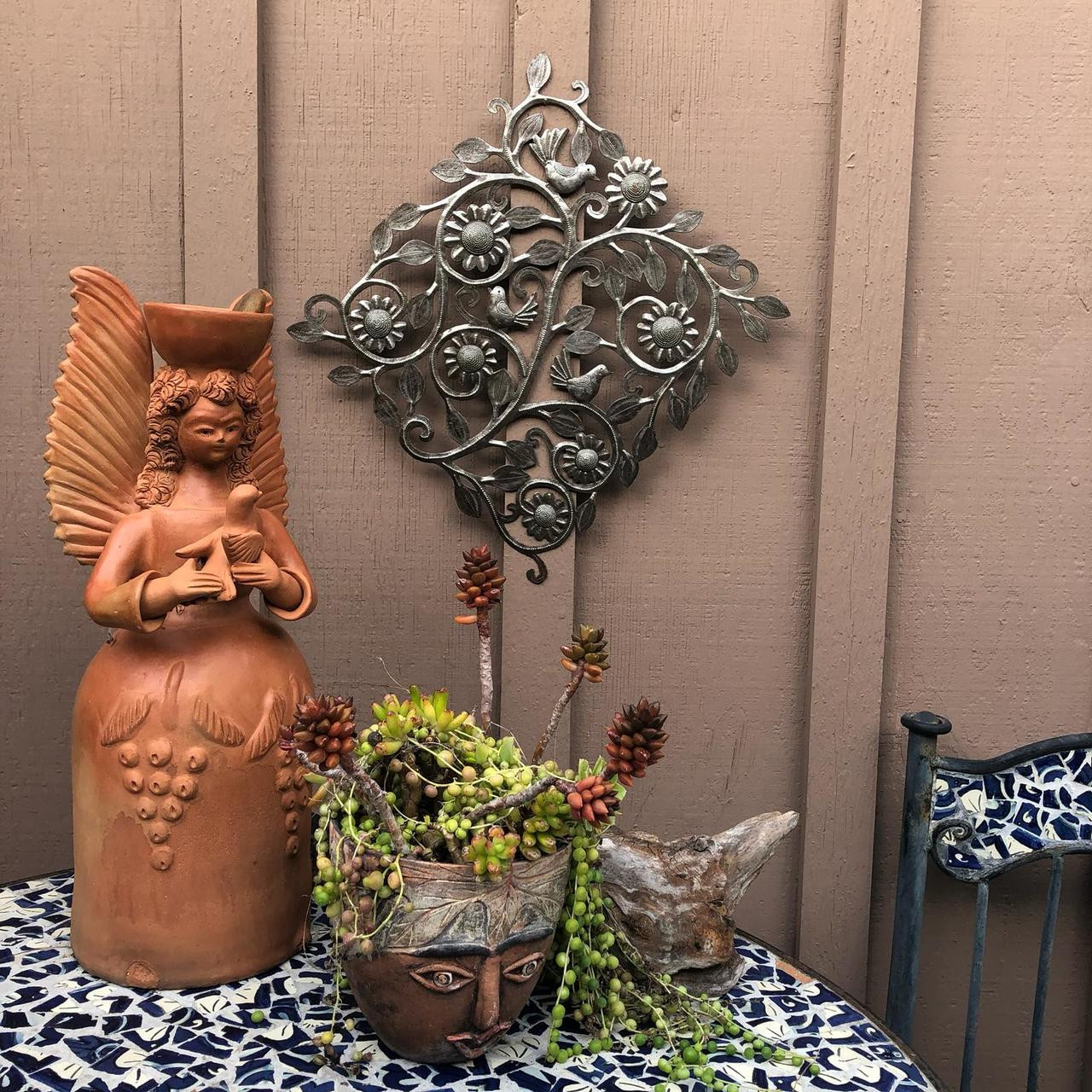 Small Spring Garden Flowers and Birds, Handmade from Recycle Oil Barrels 13" x 14"