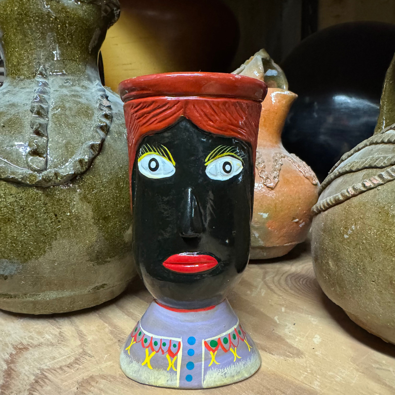 Guatemalan Hand Painted Black Vase with Colorful Huipil, Whimsical