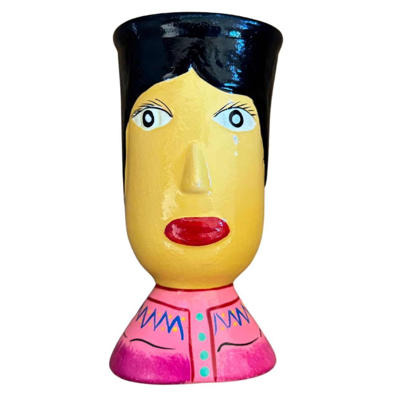Guatemalan handprinted face vase whimsical folk art