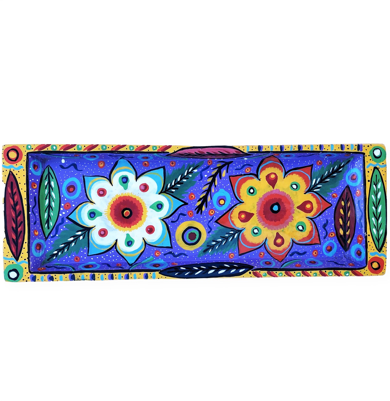 Bright wooded floral tray hand painted in colorful style floral pattern yellow edging white and blue flower 15" X 5 .25" X 1"