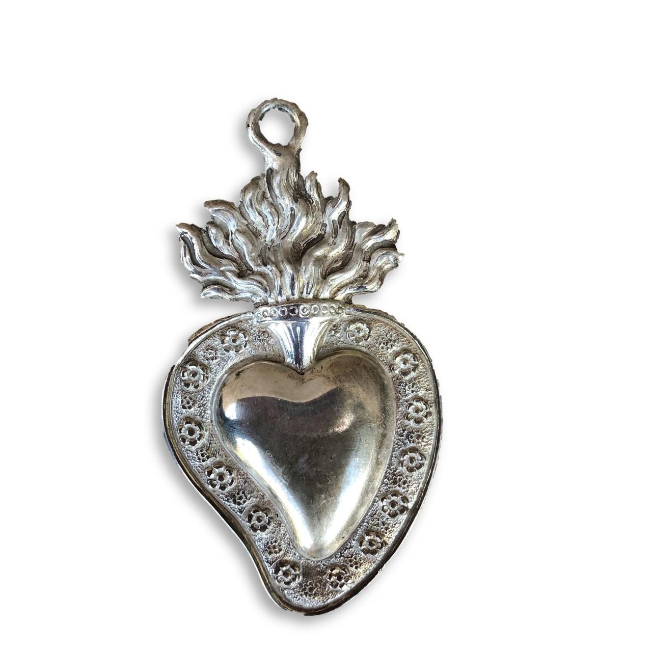 Pewter , German, Milagro Heart , Sacred , Flaming Catholic