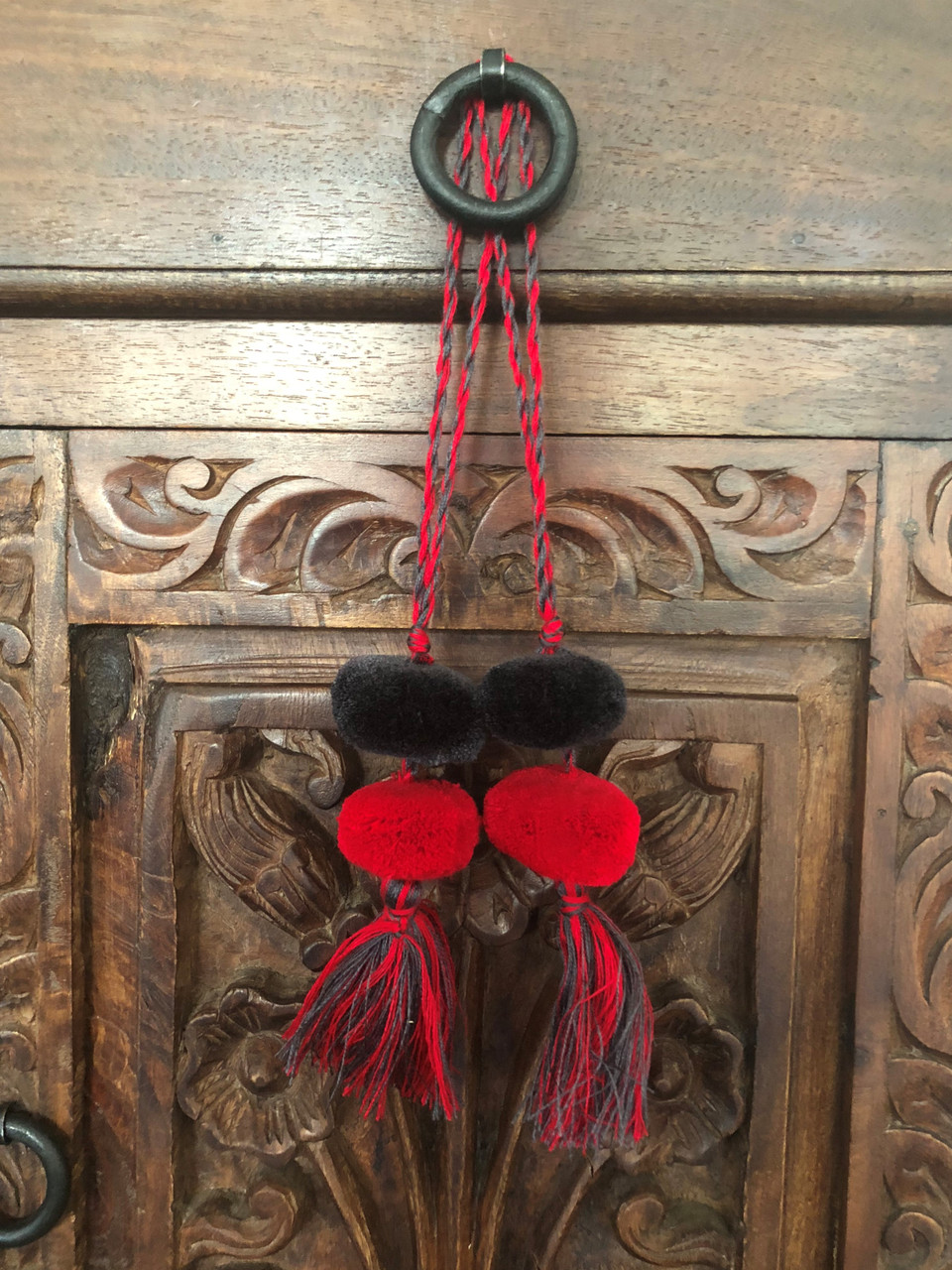 Tassels with Pom Poms, Gray and Red, Team School Colors, Home Decor, Gift Tag, Decorative Small Handmade Pom Poms, Fair Trade Guatemala