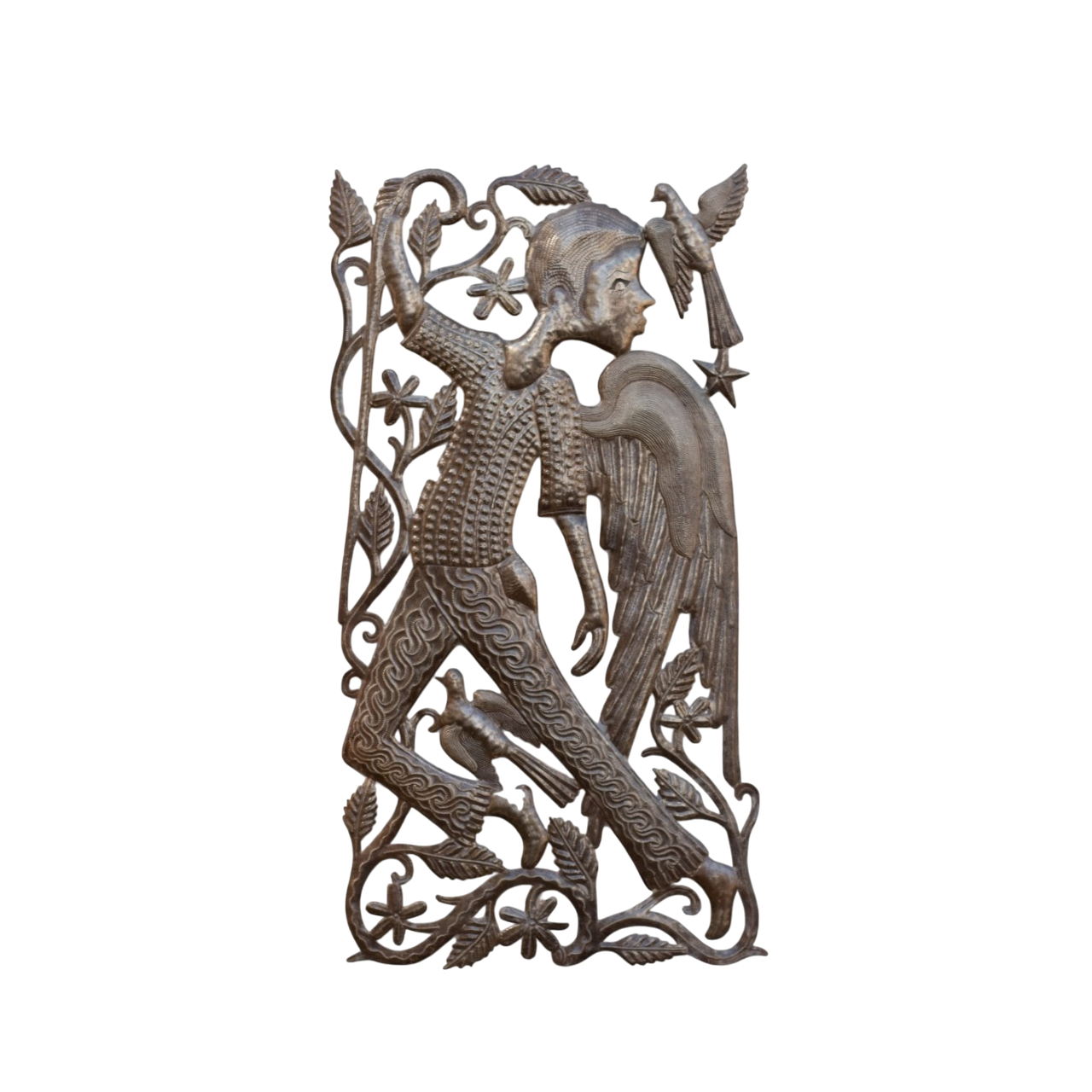Handcrafted Haitian Metal Art, Angel Boy Dancing with Birds, Metal Angel Birds, Garden Angel, Angel Sculpture, Angelic Decor, Vintage Angel Art Sculpture
