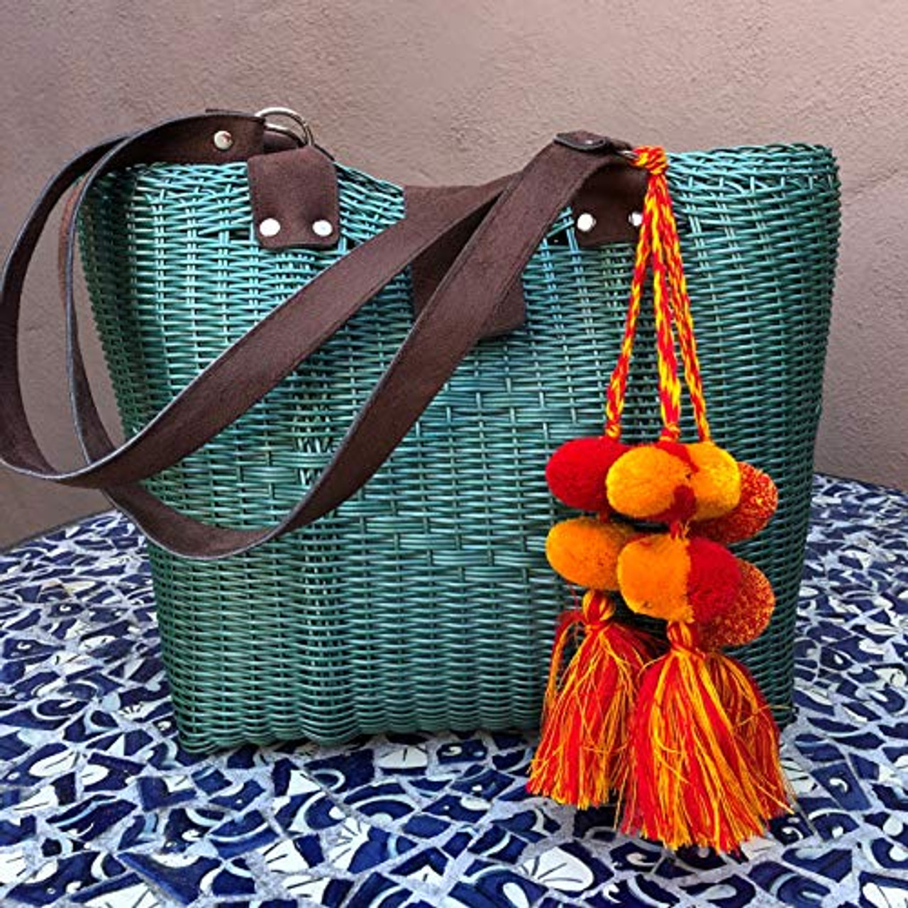 Tassels with Pom Poms, Red and Yellow Marble Design,Team School Colors, Home Decor, Gift Tag, Decorative Small Handmade Pom Poms, Fair Trade Guatemala