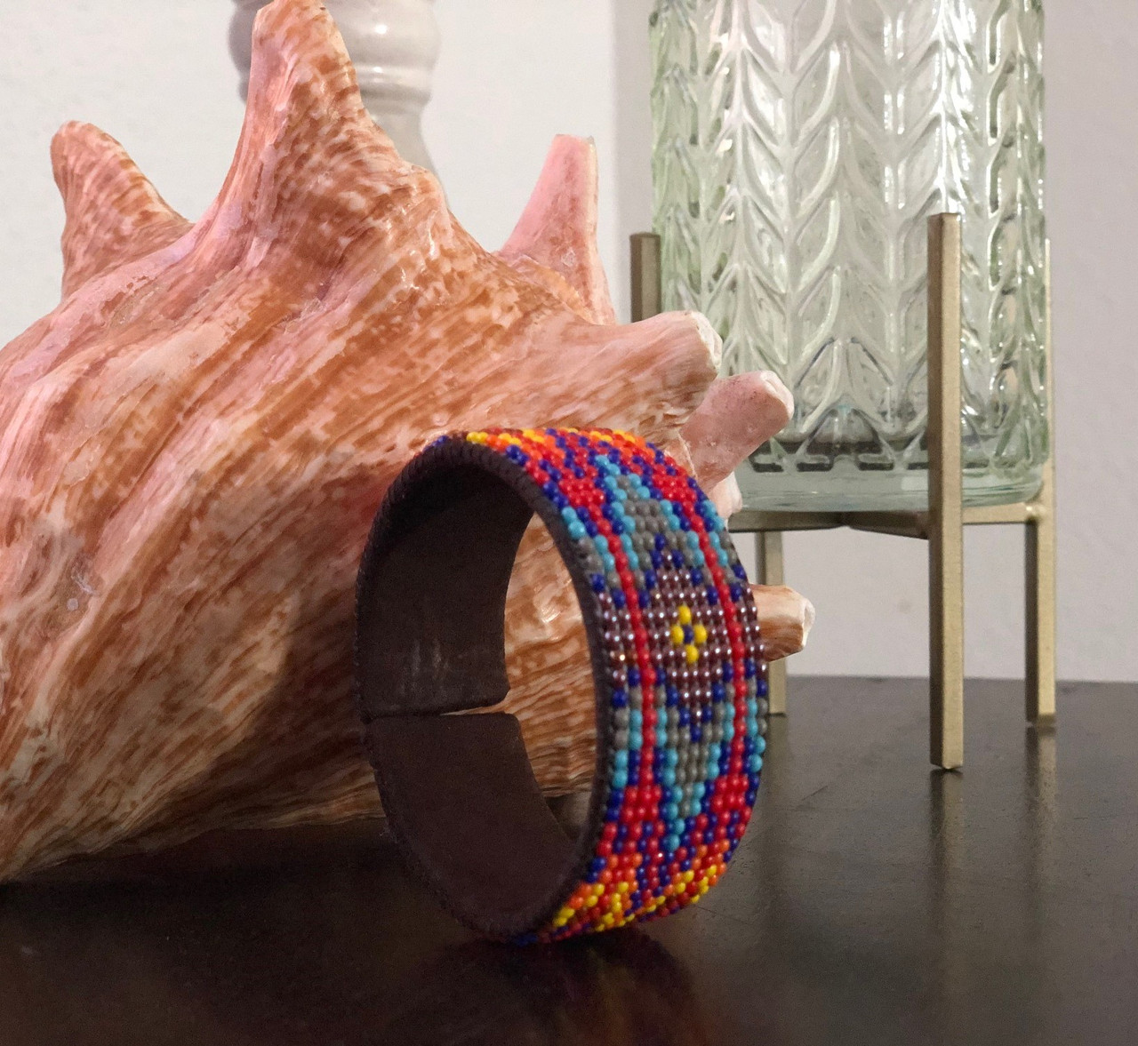 Mayan Artwork, Beaded Cuff, Red, Blue, and Purple, Handmade, Jewelry, Gift Giving