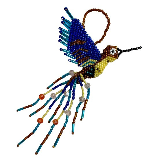 Hummingbird, Beaded Ornamental Figurine, Blue Tones, Golden Brown, Cream, and Orange, Christmas Tree Ornaments, Holiday Decoration, Handmade in Guatemala 3 Inches x 5 Inches