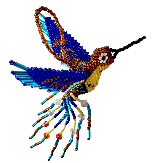 Hummingbird, Beaded Ornamental Figurine, Blue Tones, Golden Brown, Cream, and Orange, Christmas Tree Ornaments, Holiday Decoration, Handmade in Guatemala 3 Inches x 5 Inches