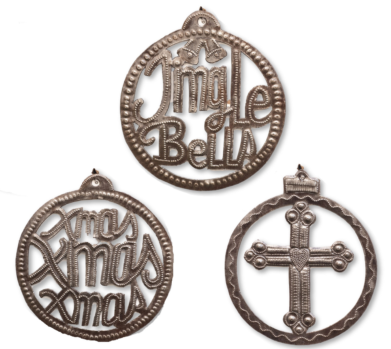 Christmas Ornaments, Jingle Bells, Cross, Round Sphere, Home Decorations, Small, Handmade in Haiti, Gift Giving 5 x 5 Inches Set of 3