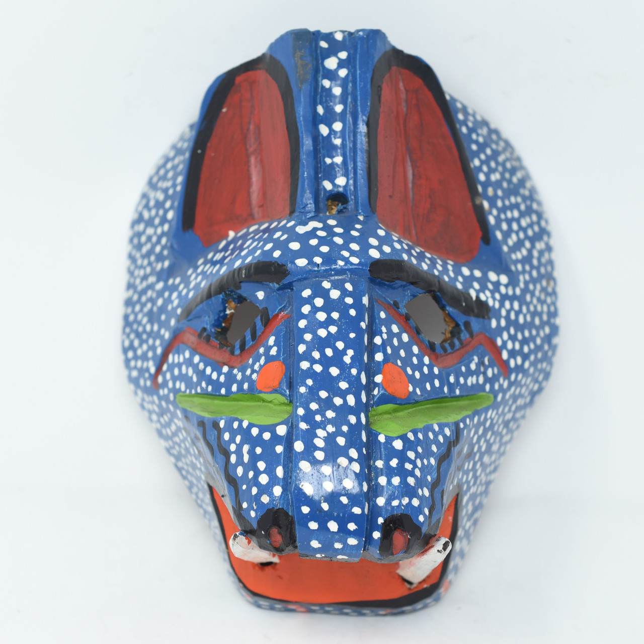 Blue Polk a Dot Jaguar, Whimsical Dance Mask, Hand Carved Wood Guatemala 9" x 7.5" x 5"