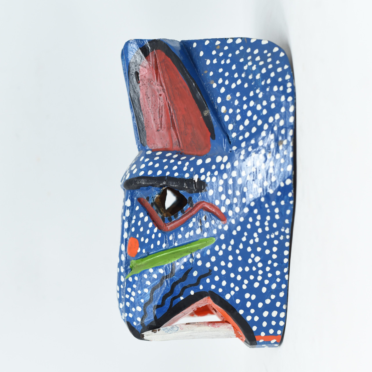 Blue Polk a Dot Jaguar, Whimsical Dance Mask, Hand Carved Wood Guatemala 9" x 7.5" x 5"