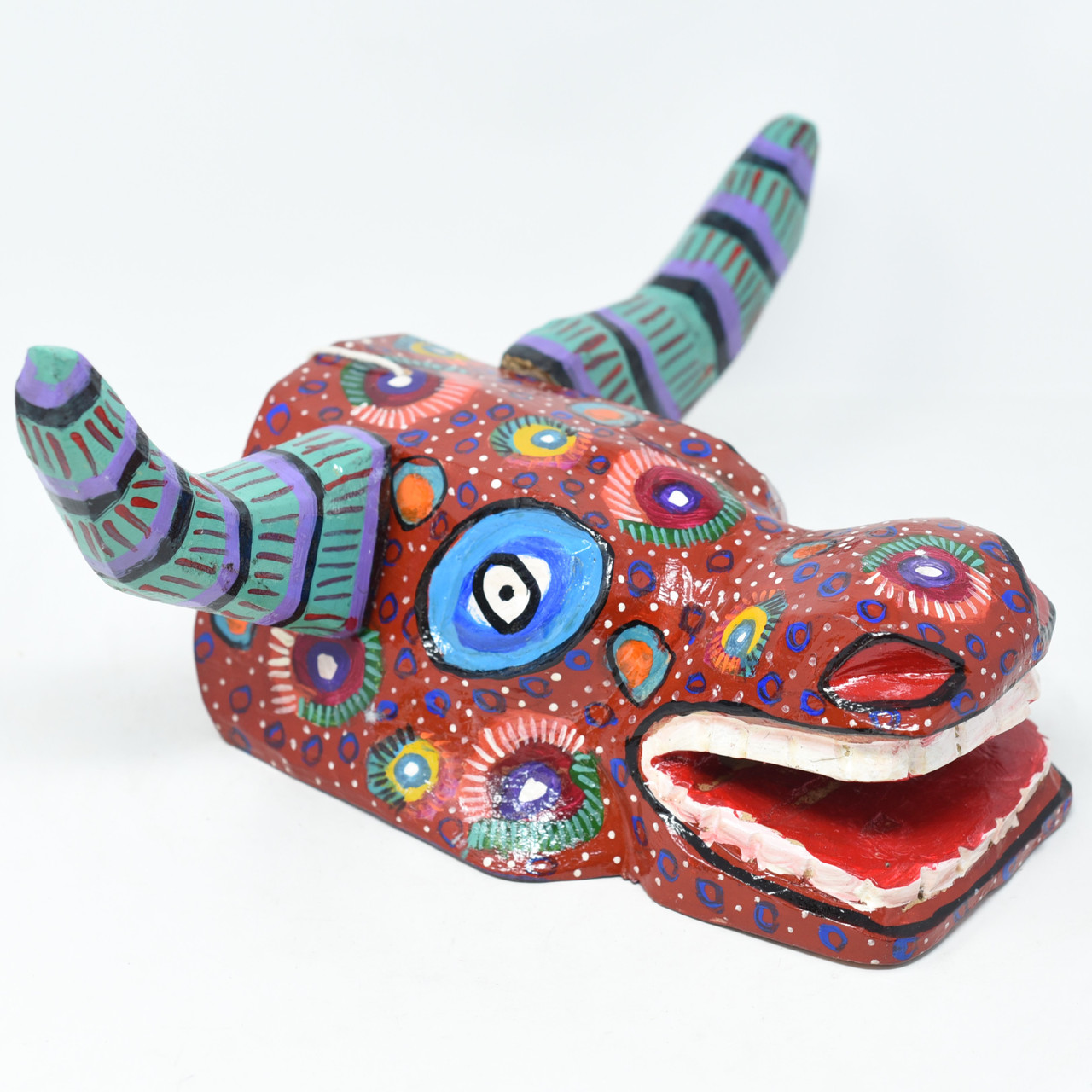 Red Bull Mask, Whimsical Dance Mask, Hand Carved Wood Guatemala 14.5" x 11" x 7"