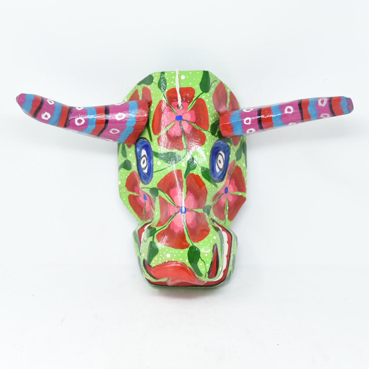Green Colorful Bull Mask, Whimsical Dance Mask, Hand Carved Wood Guatemala 15" x 10" x 6"