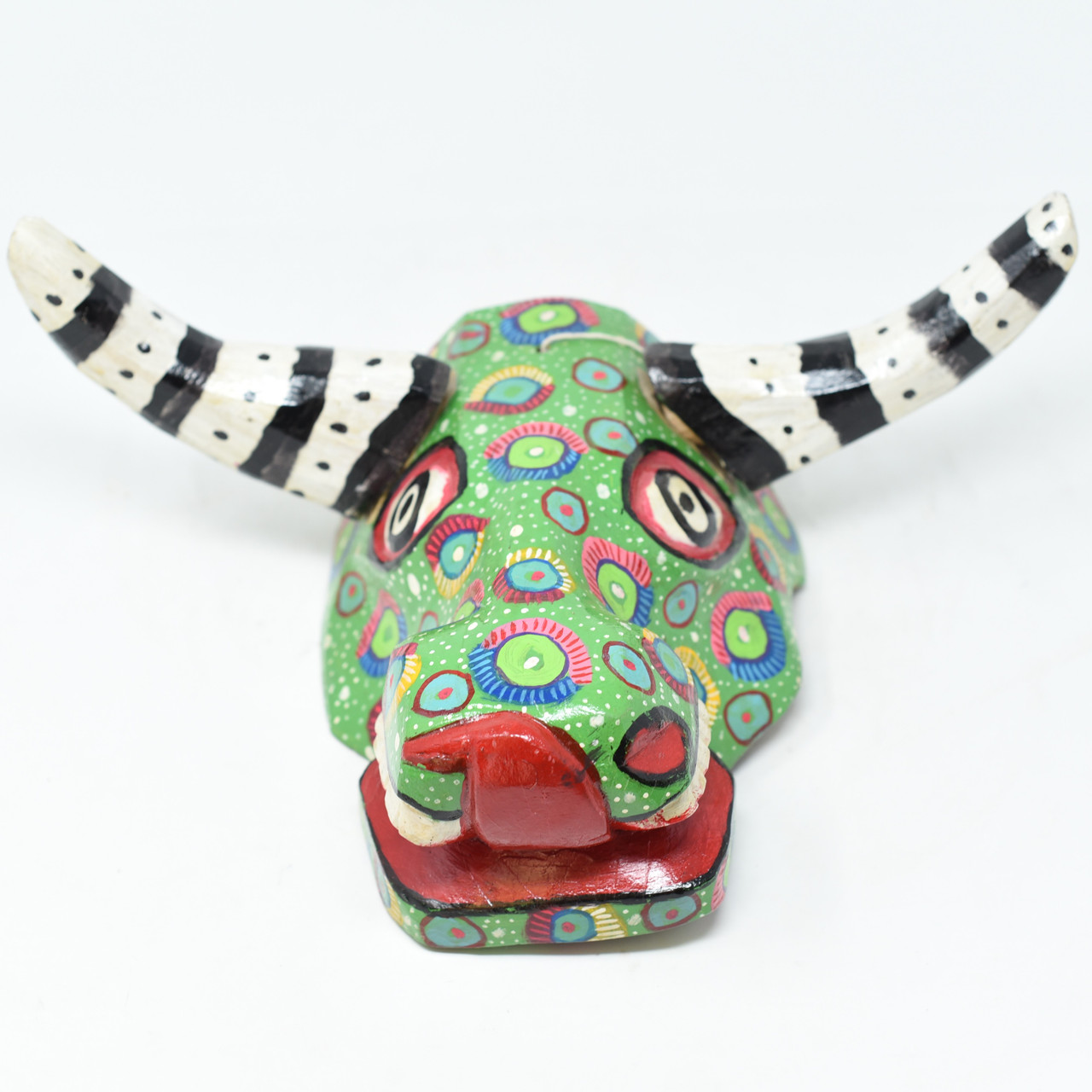 Green, Colorful Bull Mask, Whimsical Dance Mask, Hand Carved Wood Guatemala 14" x 10" x 6"