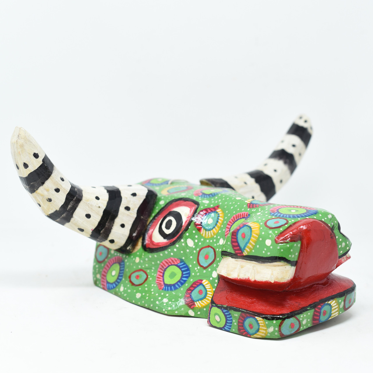 Green, Colorful Bull Mask, Whimsical Dance Mask, Hand Carved Wood Guatemala 14" x 10" x 6"