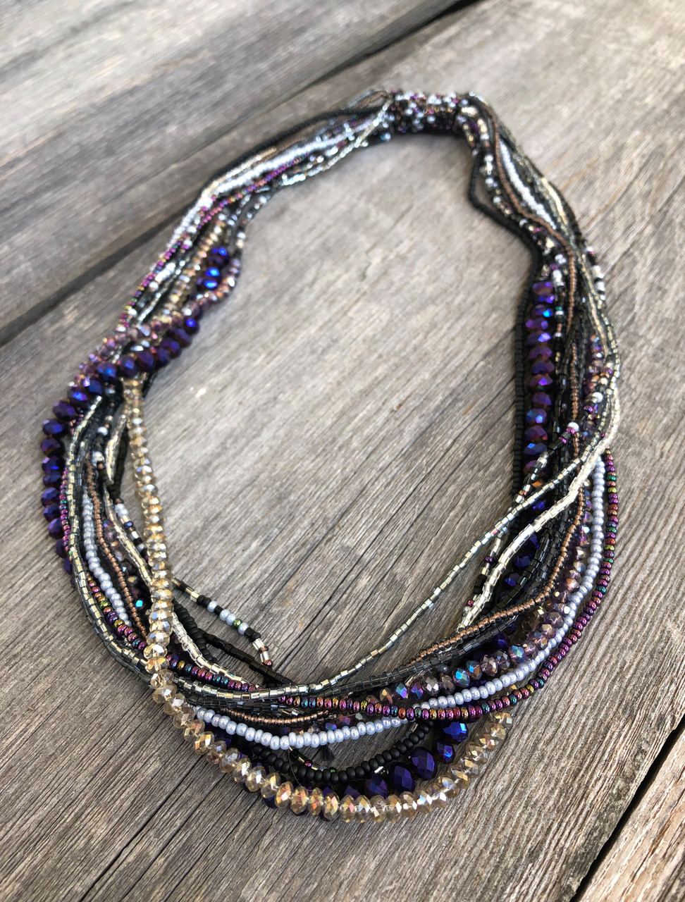Handmade Beaded Statement Necklace, Gray Silver and Purple Tones, Women's Jewelry, Gift for Her, Multi Strand, Dressy, Casual