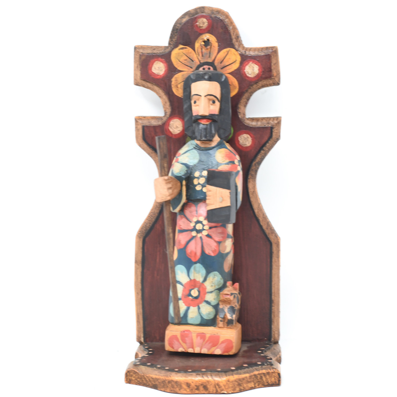 Jesus with Staff, on a Hand Carved  Red Alter, made in Guatemala, 10.5" x 3.5" x 4"