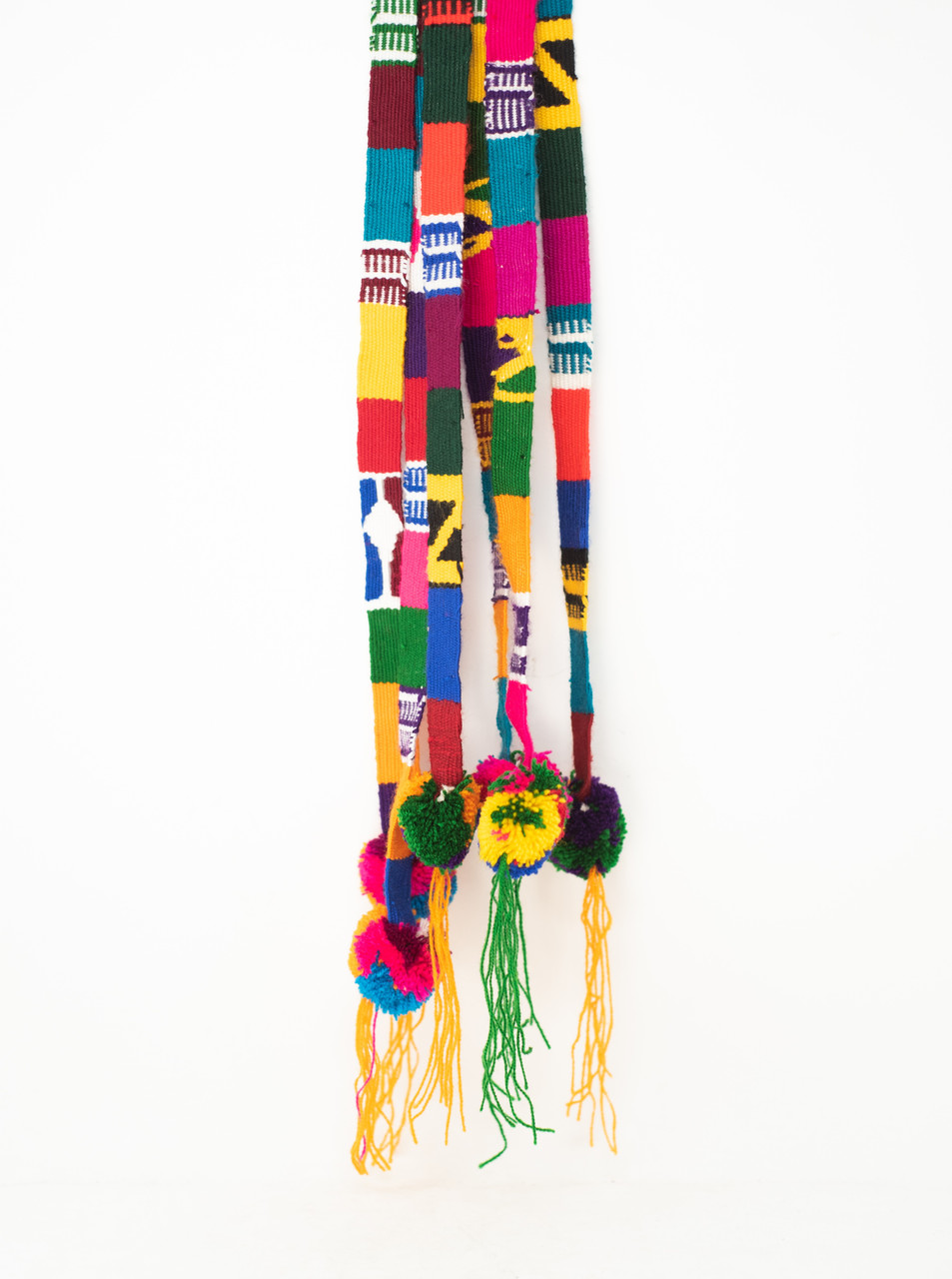 Belt Strap with Medium Pom Poms, Hat Band, Hatbands, Handwoven Embroidered Belts, Wrap Around Tie, Ethnic Patterns, Spirit Wear Colors, Graduation Sash, Tassel, Guatemala (Multi-Color)