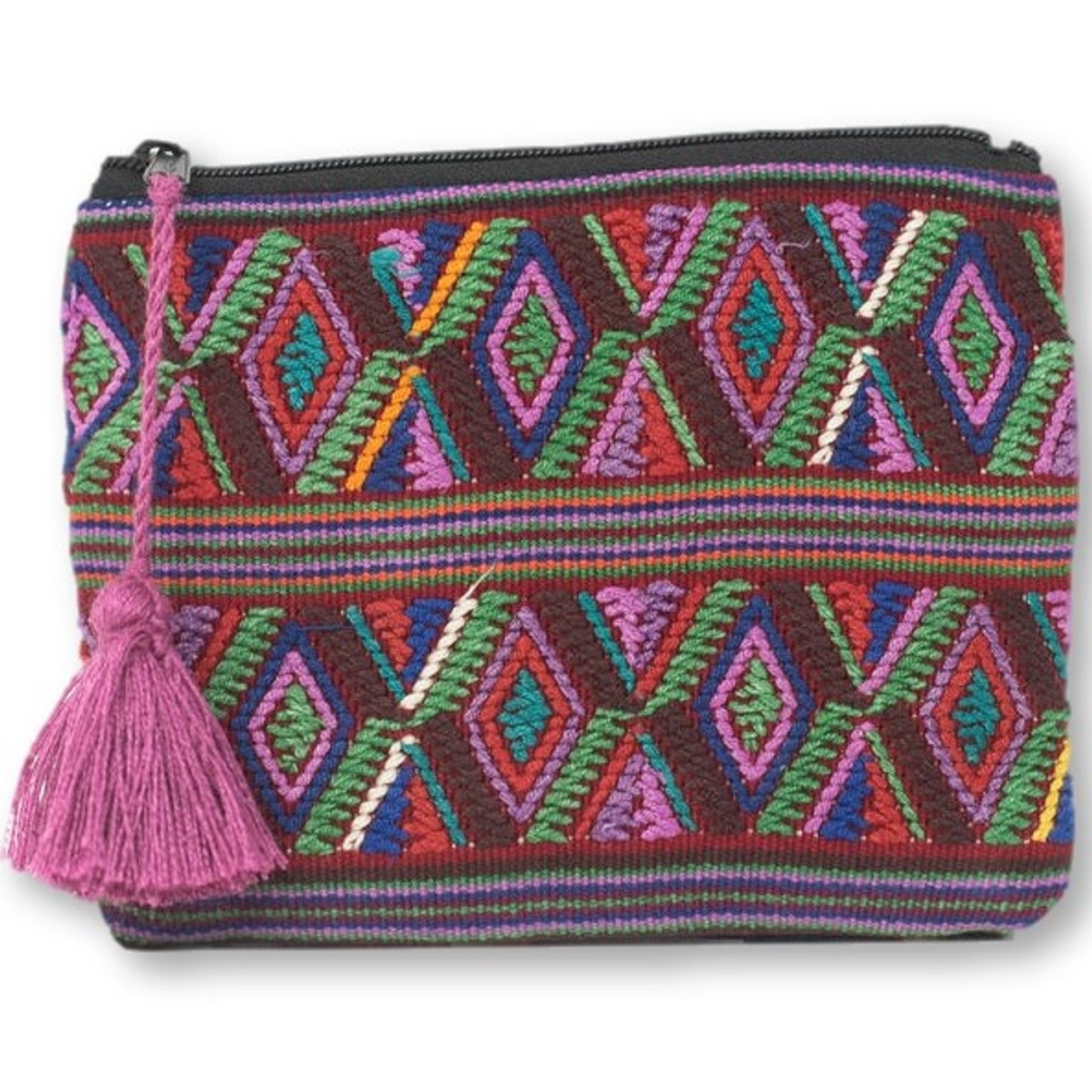 Upcycled Hand Woven Zip Purse from Guatemala, Made from a Traditional Blouse "Huipil" and Skirt "Corte" 7.5" x 5.5" with Tassel