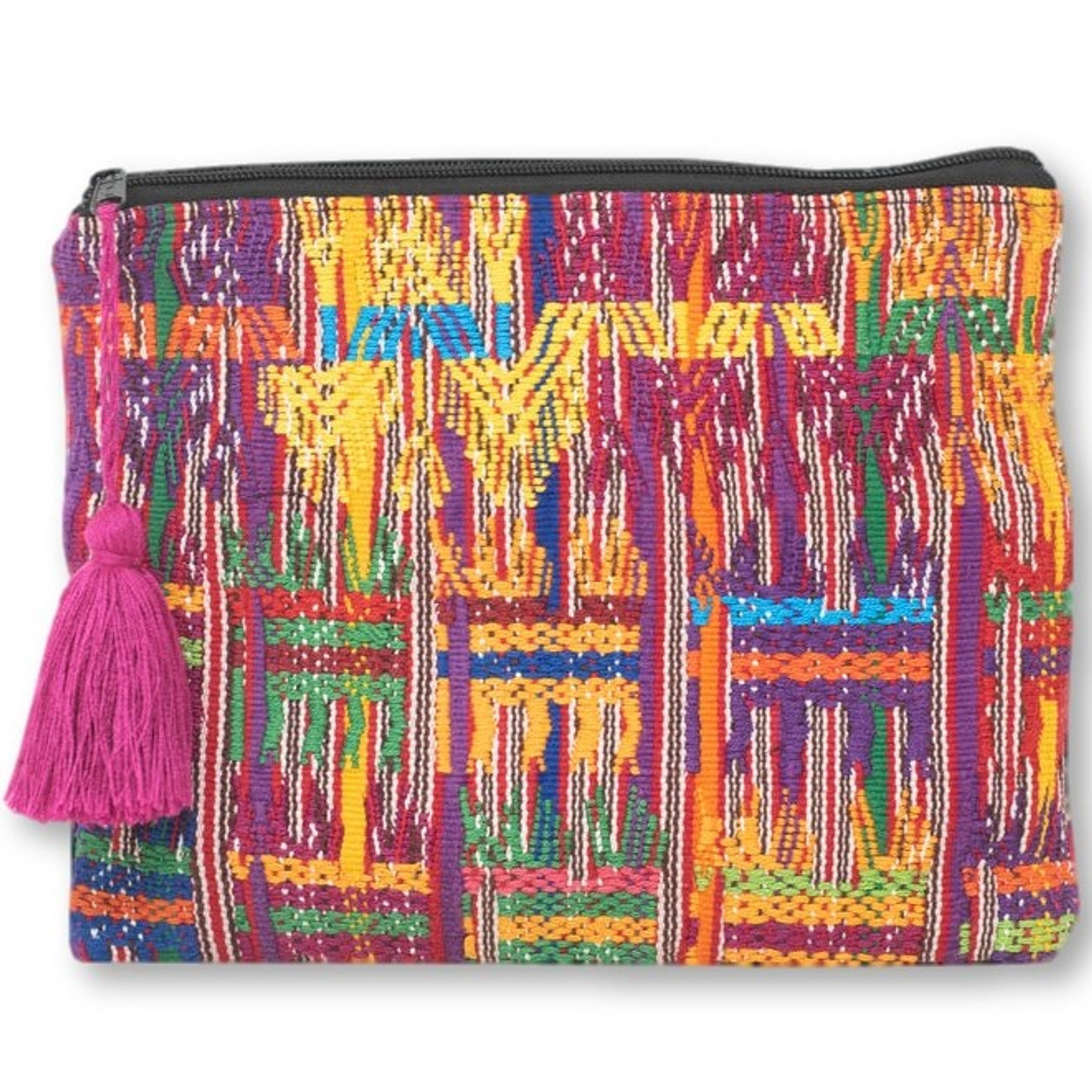 Up-cycled Hand Woven Zip Purse from Guatemala, Made from a Traditional San Juan Sacatepéquez Blouse "Huipil" and Skirt "Corte" 11.5" x 9" with Tassel