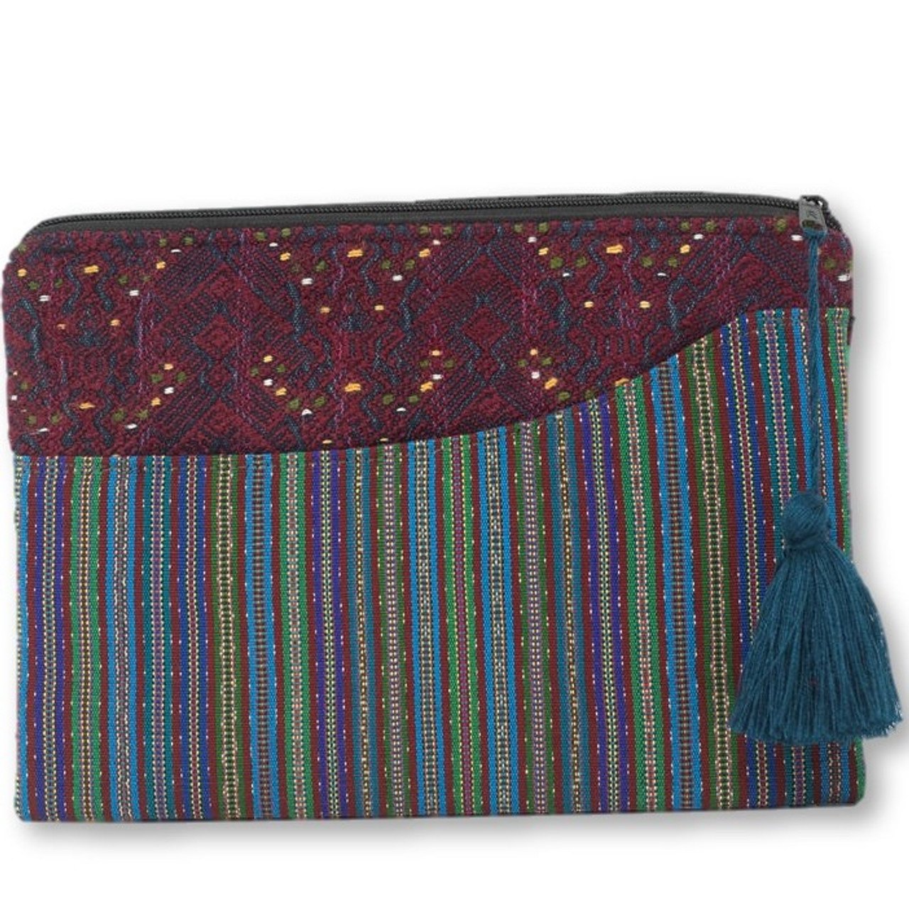 Up-cycled Hand Woven Zip Purse from Guatemala, Made from a Traditional Blouse "Huipil" and Skirt "Corte" 10.75" x 7.75" with Tassel