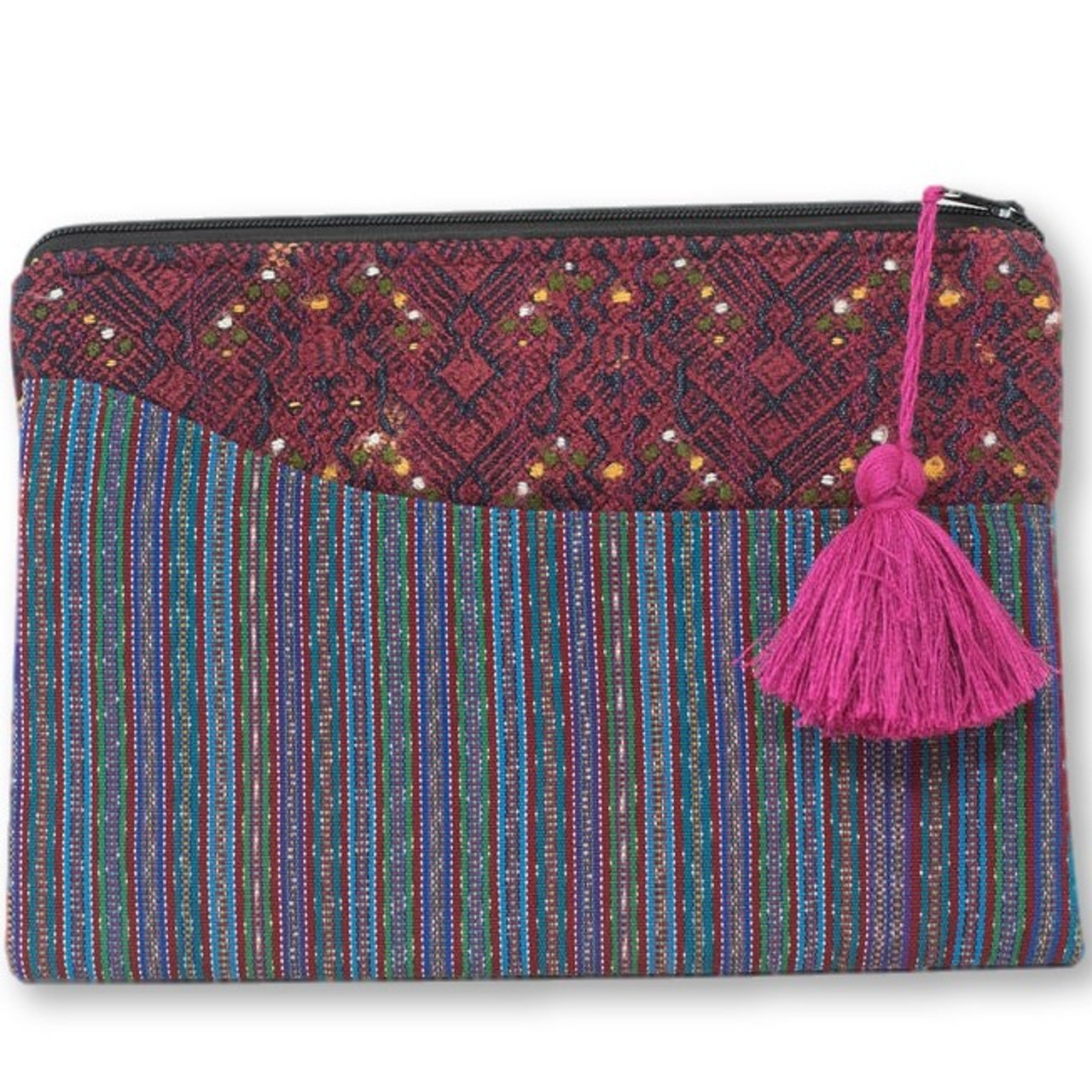 Up-cycled Hand Woven Zip Purse from Guatemala, Made from a Traditional Blouse "Huipil" and Skirt "Corte" 10.75" x 7.75" with Tassel