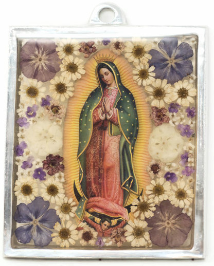 The Virgin, Our Lady of Guadalupe, Plaque with real dried Flowers encased in Resin with a Pewter Frame 4" x 4.75" x .5" Folk Art