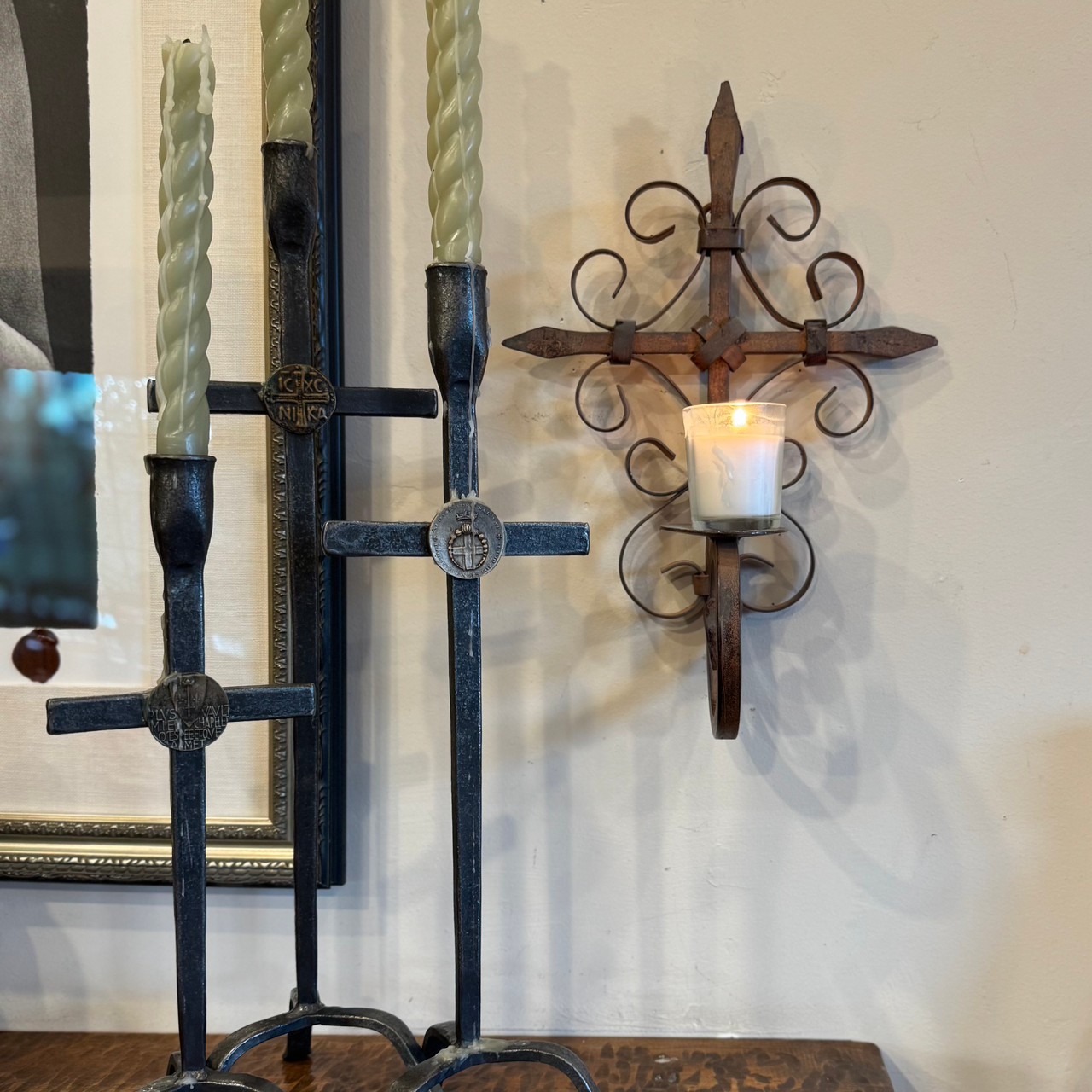 Hand Forged Mexican Iron Cross Wall Candle Holder Rustic Folk Art 14