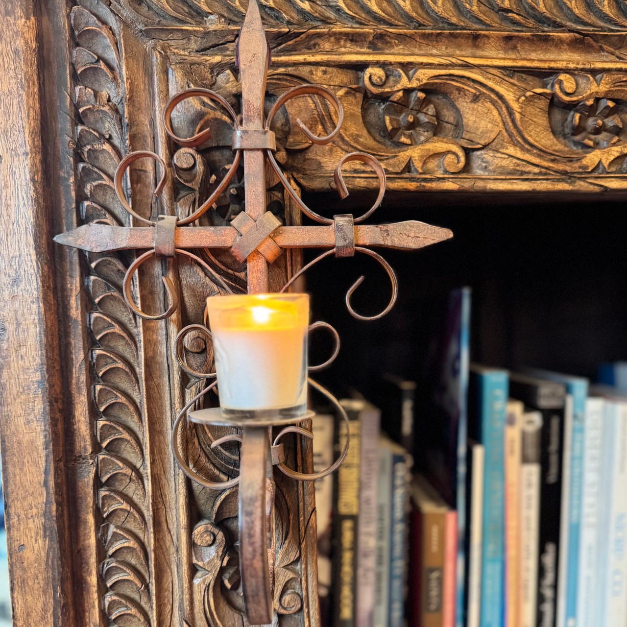 metal wall cross, artisan ironwork, devotional decor