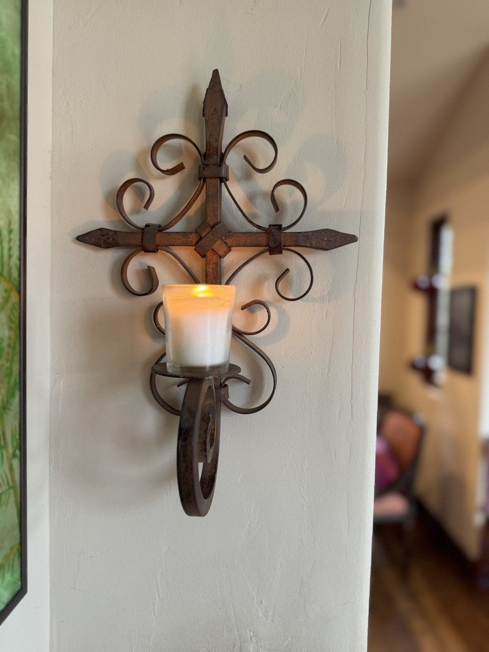 Hand Forged Mexican Iron Cross Wall Candle Holder Rustic Folk Art 14