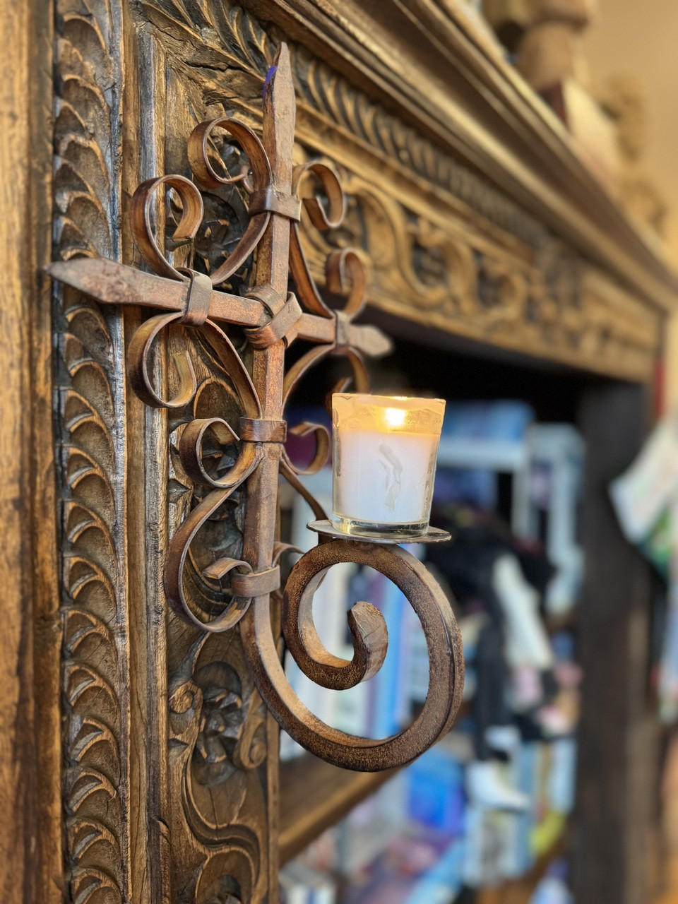 southwest decor, metal wall cross, artisan ironwork, devotional decor, rustic candle sconce, handmade mexican decor