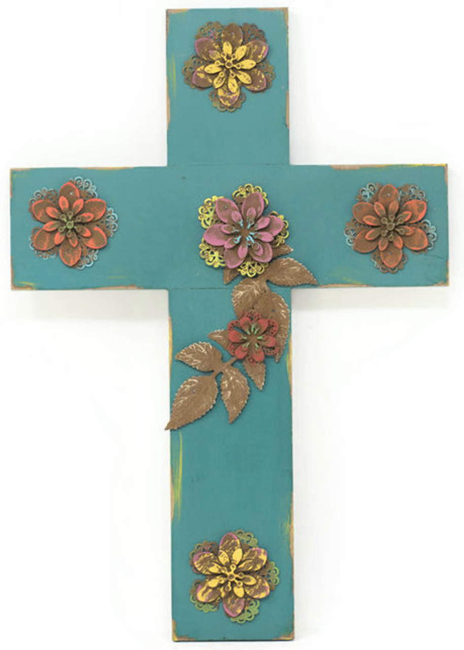 Teal Blue Wood Cross with Hand Painted Tin Flowers