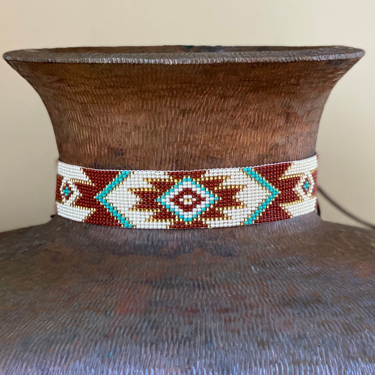 Beaded Western Style Hat Band, 1 Inch Wide Hatband, Hat Accessory, Leather Ties, Mayan Design, Handmade in Guatemala, Hatband 41