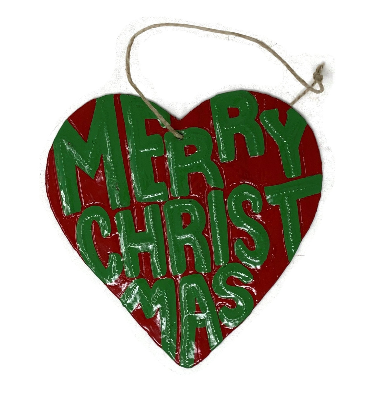 Christmas Ornaments, Merry Christmas, Hand Painted Heart Shaped Ornament, Decorative Haitian Artwork 4.25 x 4.5 Inches