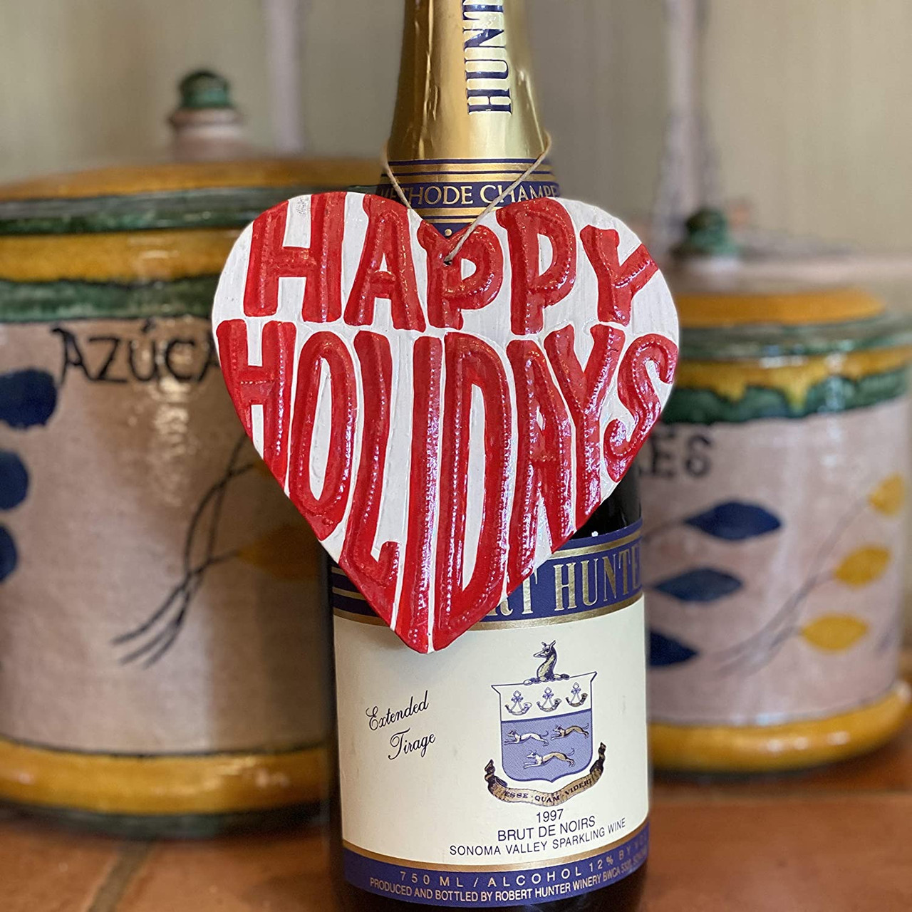 Christmas Ornaments, Happy Holidays, Decorative Hand Painted Heart Shaped Ornament, Haitian Artwork 4.25 x 4.5 Inches