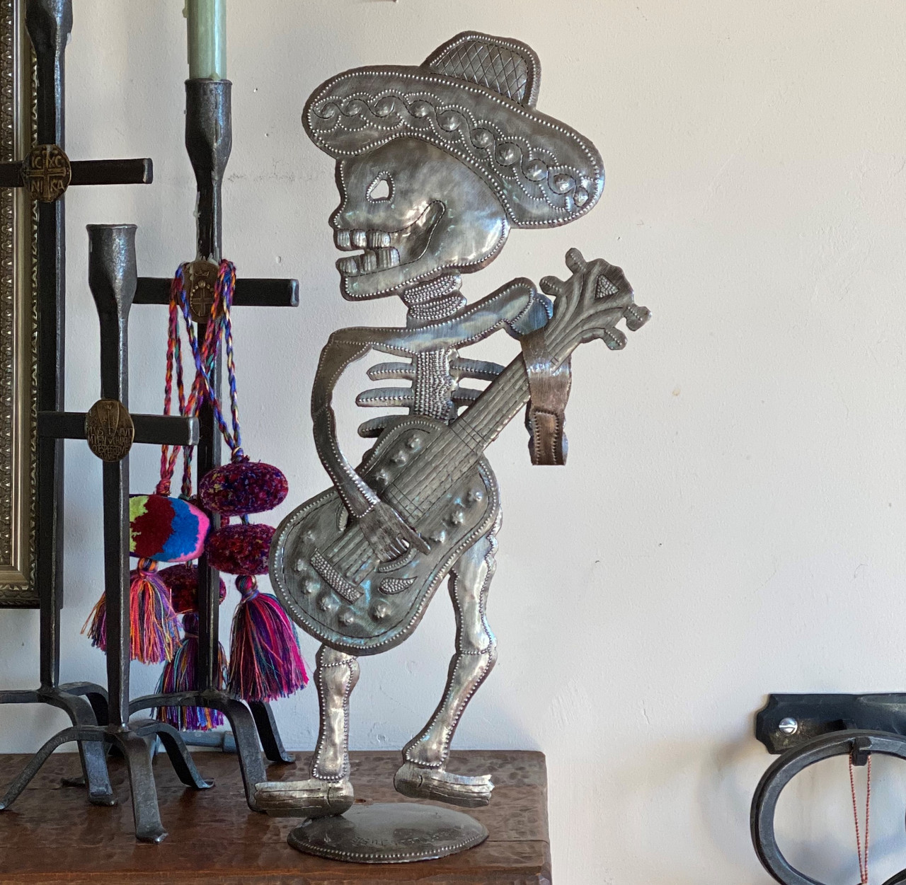 Day of the Dead Skeleton Guitar Player, Mariachi, Free standing, Recycled metal Sculptures from Haiti, 17 x 8 x 4 Inches Day of the Dead Skeleton Guitar Player, Mariachi, Free standing, Recycled metal Sculptures from Haiti, 17 x 8 x 4 Inches