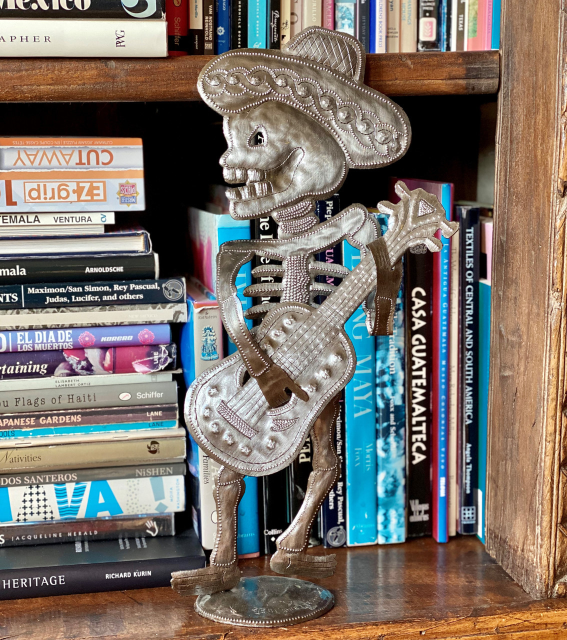 Day of the Dead Skeleton Guitar Player, Mariachi, Free standing, Recycled metal Sculptures from Haiti, 17 x 8 x 4 Inches Day of the Dead Skeleton Guitar Player, Mariachi, Free standing, Recycled metal Sculptures from Haiti, 17 x 8 x 4 Inches
