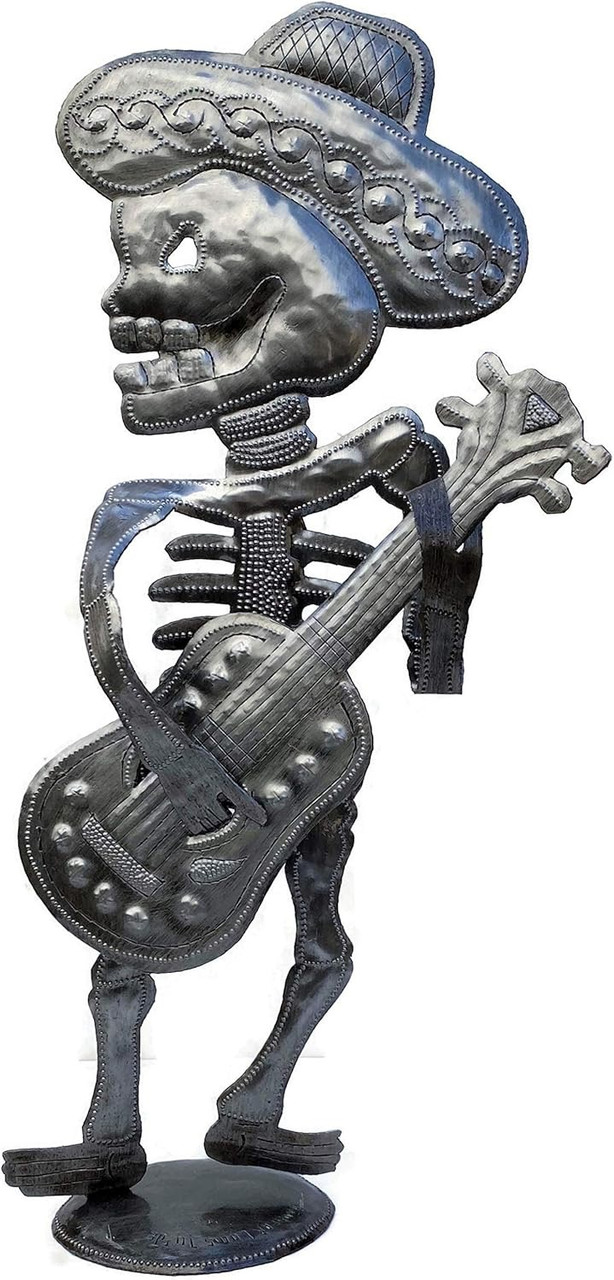 Day of the Dead Skeleton Guitar Player, Mariachi, Free standing, Recycled metal Sculptures from Haiti, 17 x 8 x 4 Inches Day of the Dead Skeleton Guitar Player, Mariachi, Free standing, Recycled metal Sculptures from Haiti, 17 x 8 x 4 Inches