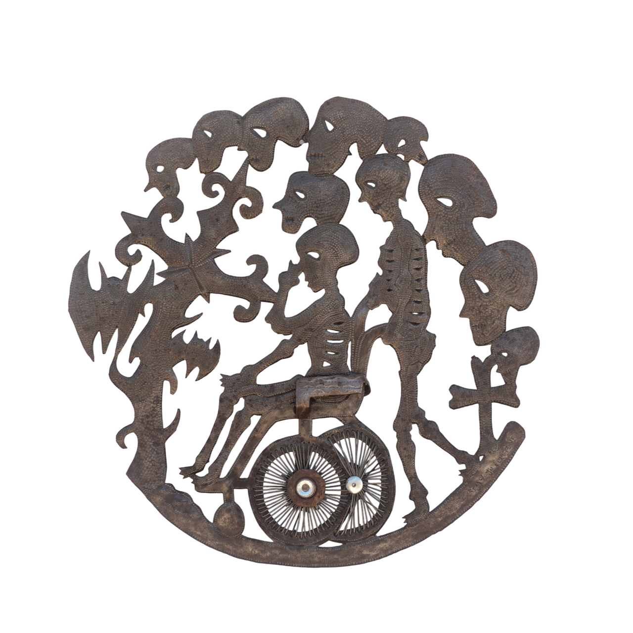 Riding to Death, Skeleton on Wheelchair, Day of the Dead, Handmade Haitian Metal Art Riding to Death, Skeleton on Wheelchair, Day of the Dead, Handmade Haitian Metal Art