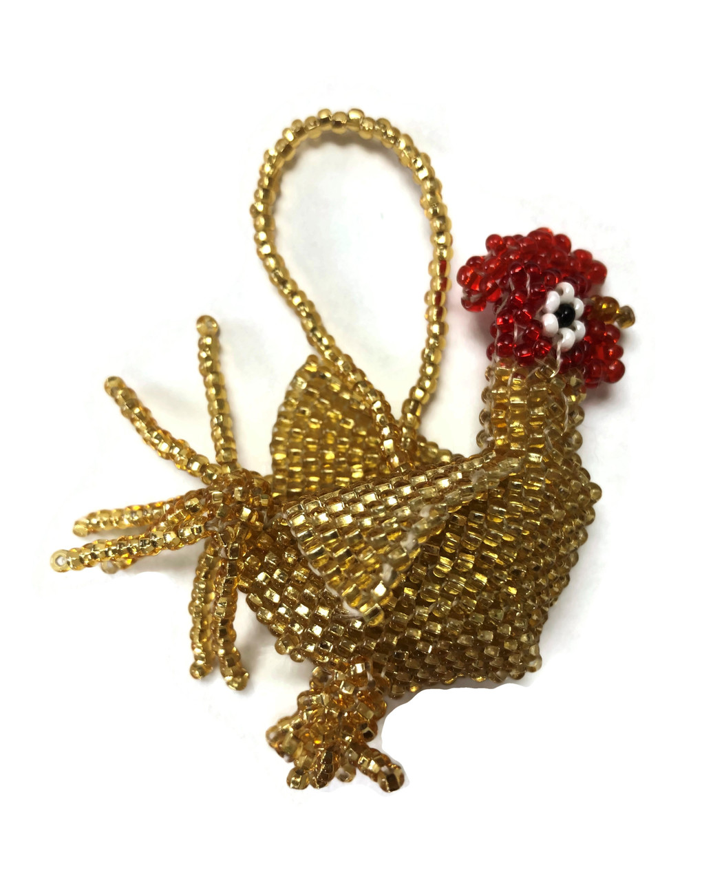 Small Rooster, Beaded Figurine, Gold, Handmade, Key Ring Key Chain Accessory, Christmas Ornaments