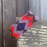 Casual Bracelets, Loom, Jewelry, Seed Beads, Mauve Wristband with Red, Brown and Black Color Beads, Handmade 1 x 7 inch