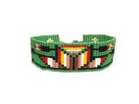 Casual Bracelets, Loom, Jewelry, Seed Beads, Green Wristband with Multi Color Beads, Flower Motifs, Handmade 1 x 7 inch