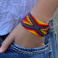 Beaded Bracelets, Mauve Bracelet with Yellow and Orange Seed Beads, Wristband Jewelry, Handmade, 1.25 x 7.5 Inch