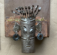 Tiki Mask with Earrings, Metal Tiki Mask, Metal Tiki Bar Decor 