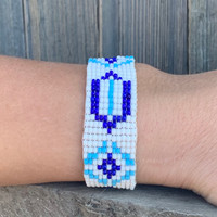 Handmade Beaded Bracelet, Western Look, Casual Jewelry, Stack Bracelets, Blue and White Seed Beads, Friendship .75 x 7.25 Inches