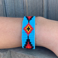 Handmade Beaded Bracelet Western Look Casual Jewelry Stack Bracelets Turquoise, Yellow, Red, and Brown Seed Beads, Friendship .75 x 7.25