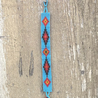 Handmade Beaded Bracelet Western Look Casual Jewelry Stack Bracelets Turquoise, Yellow, Red, and Brown Seed Beads, Friendship .75 x 7.25
