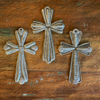 Small Decorative Crosses, Set of 3, Embossed with a Heart and Dots, Handmade from Recycled Material, Haitian Metal Cross Collection